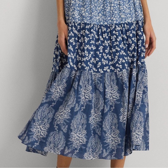 Ralph Lauren Patchwork Floral Voile Tiered Blue white Maxi Skirt Size 8 Rare✨ - Picture 5 of 5